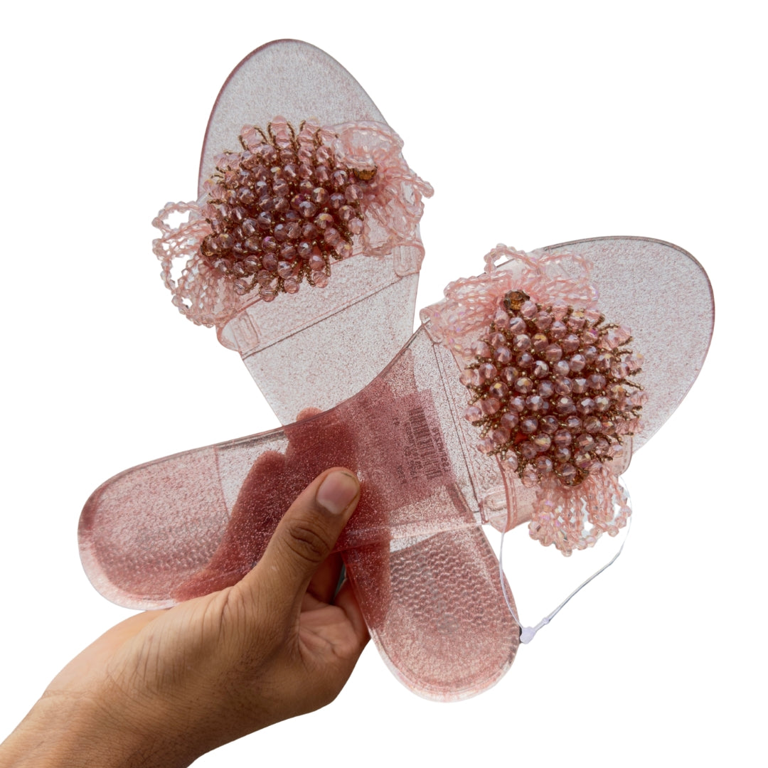 Blush Pink Beaded Embellished Slip-On Sandals