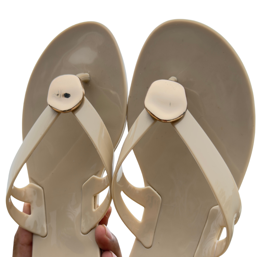 Women’s Beige Glossy Strap Slippers with Gold Accent
