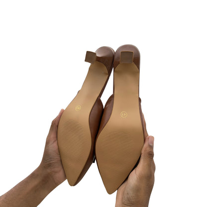 Elegant Brown Pointed-Toe Mule Heels with Gold Accent