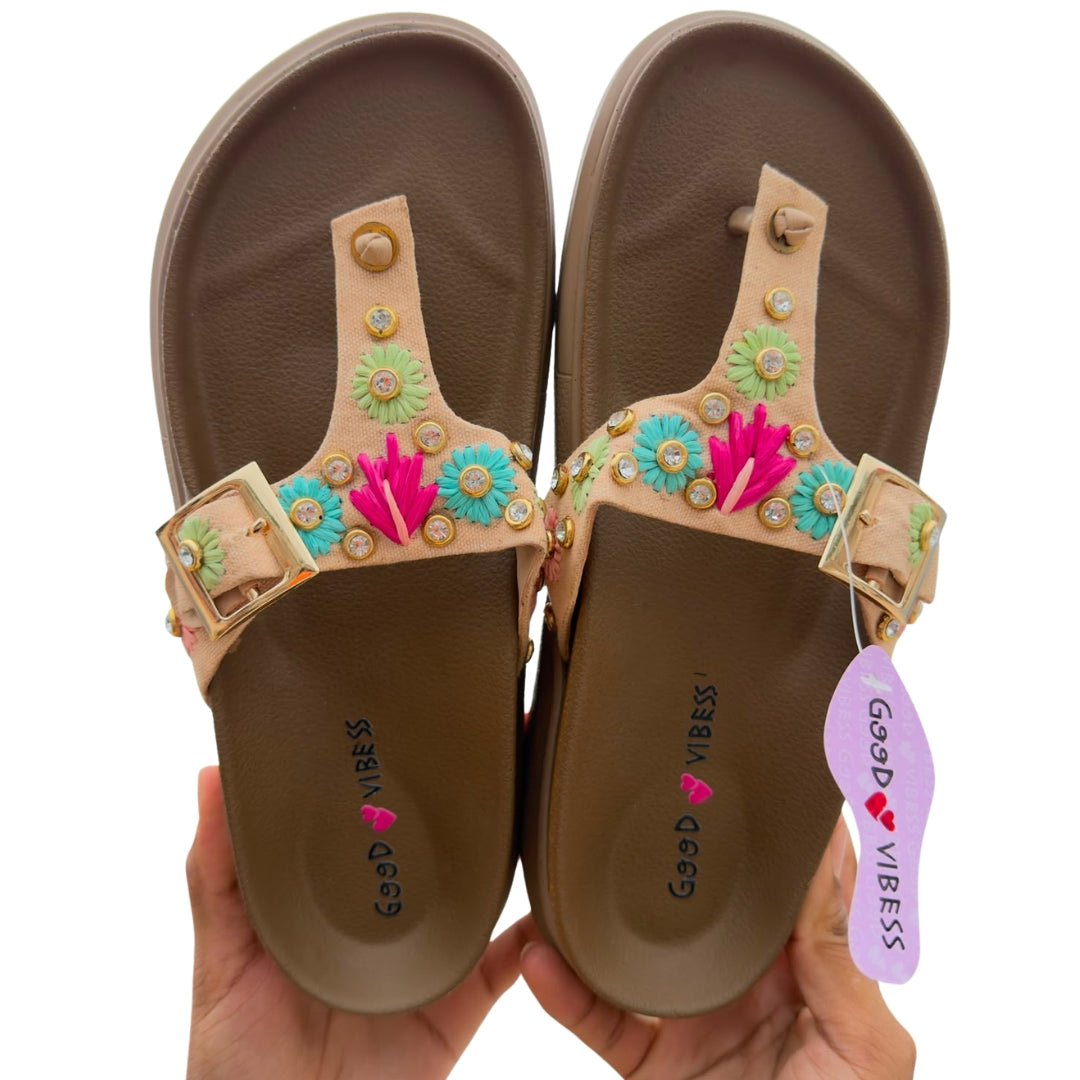 Floral Embellished Buckle Strap Slippers