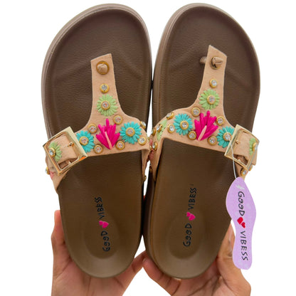 Floral Embellished Buckle Strap Slippers