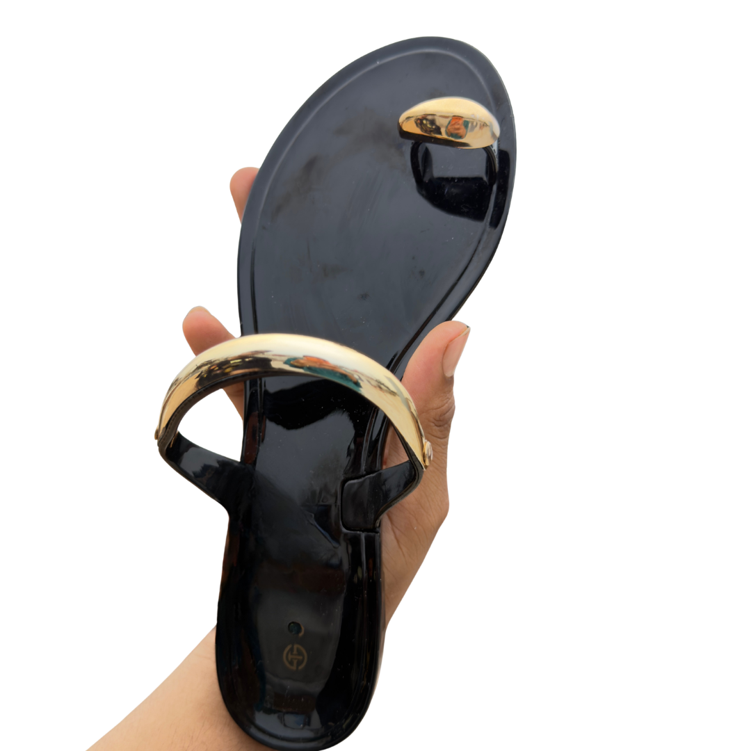 Women’s Black Glossy Bow-Detail Flat Sandals