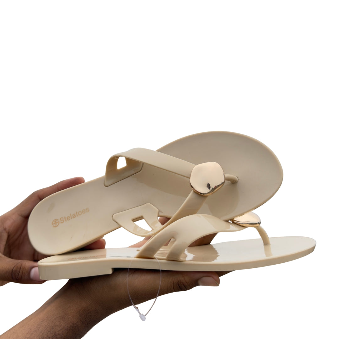 Women’s Beige Glossy Strap Slippers with Gold Accent