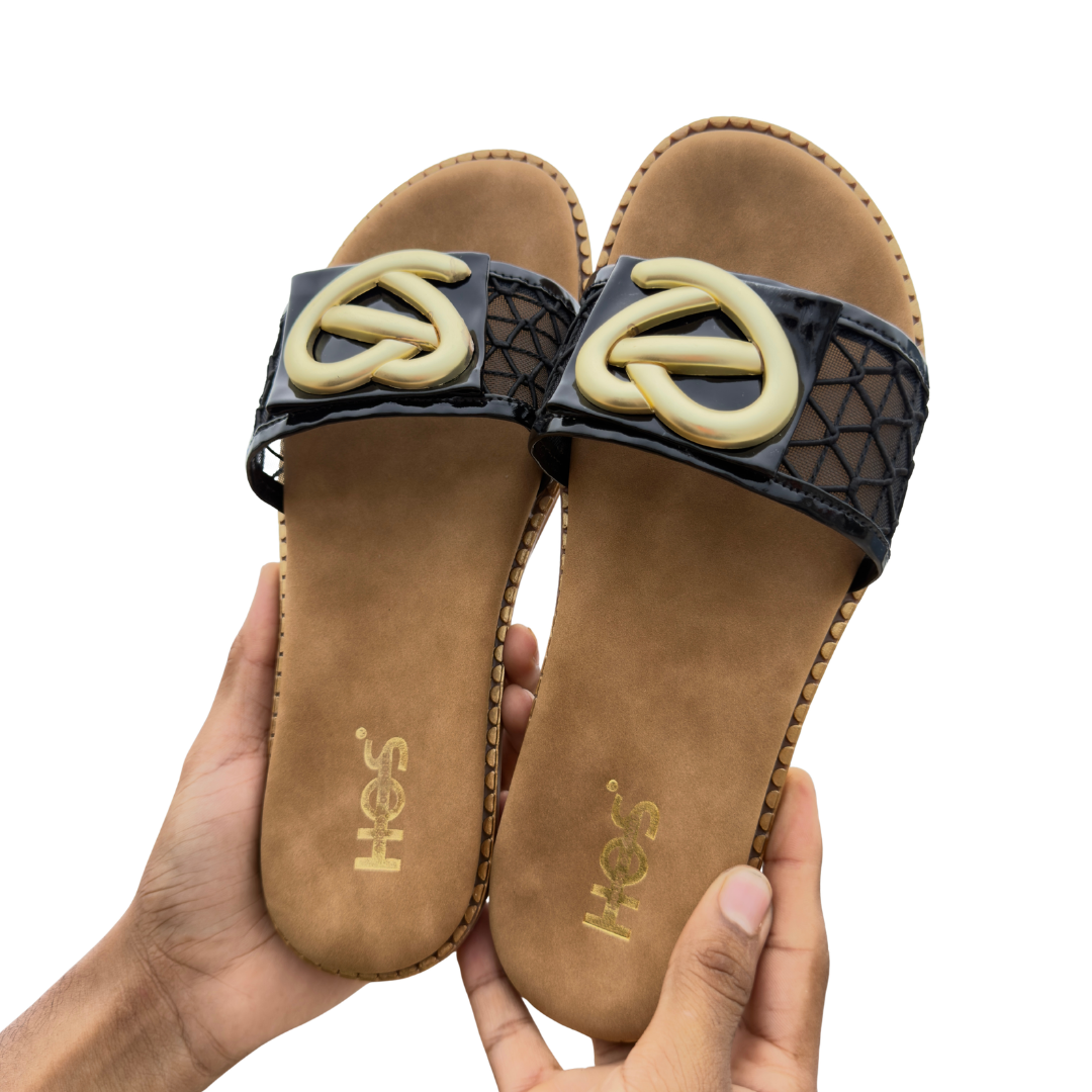 Women’s Black Patent Strap Flat Sandals with Statement Buckle