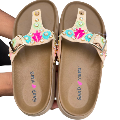 Floral Embellished Buckle Strap Slippers