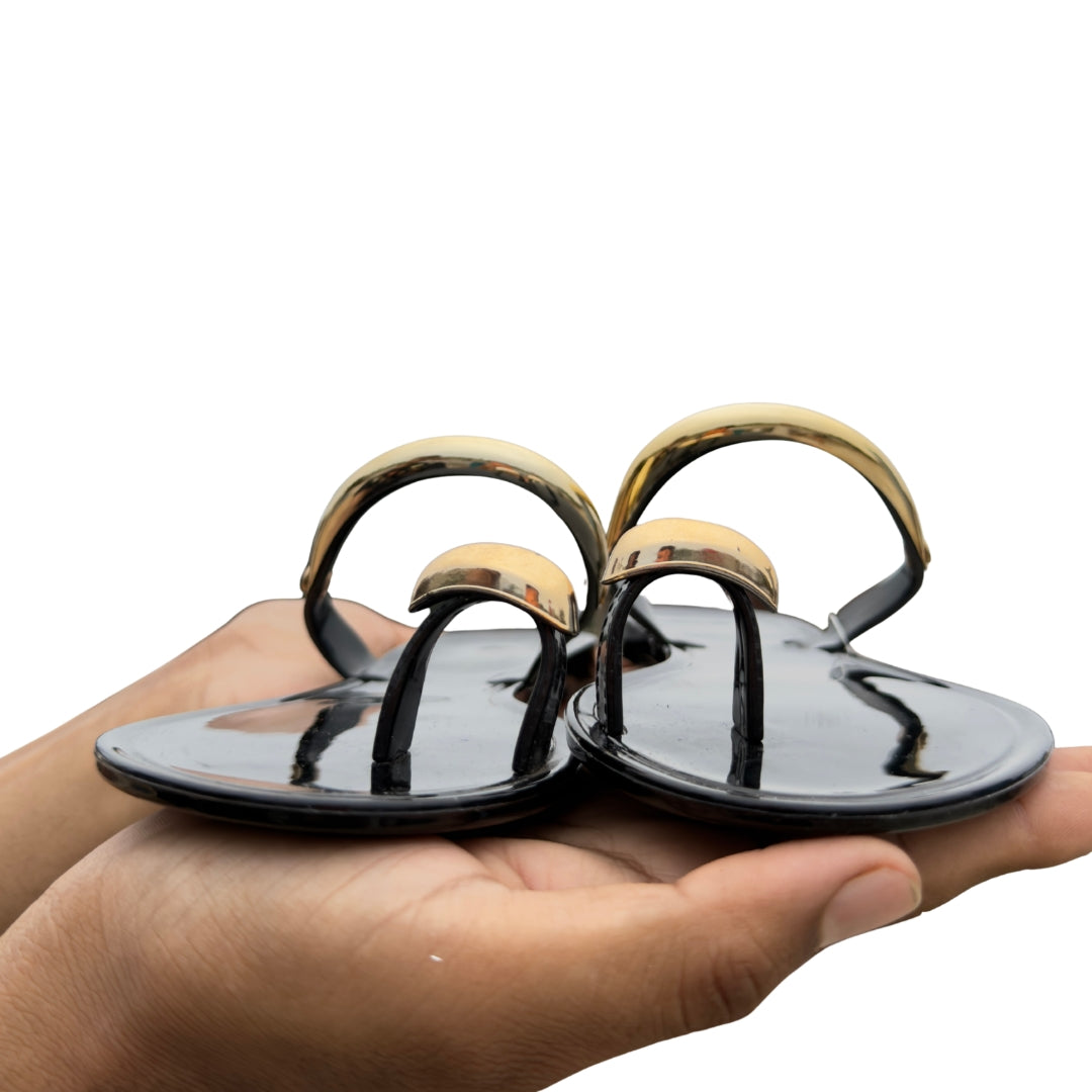 Women’s Black Glossy Bow-Detail Flat Sandals