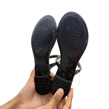 Women’s Black Glossy Bow-Detail Flat Sandals