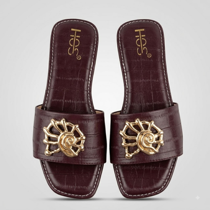 Maroon Croc-Texture Flat Sandals with Gold Spiral Motif