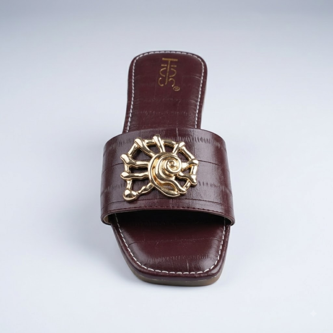 Maroon Croc-Texture Flat Sandals with Gold Spiral Motif