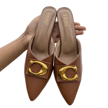 Elegant Brown Pointed-Toe Mule Heels with Gold Accent