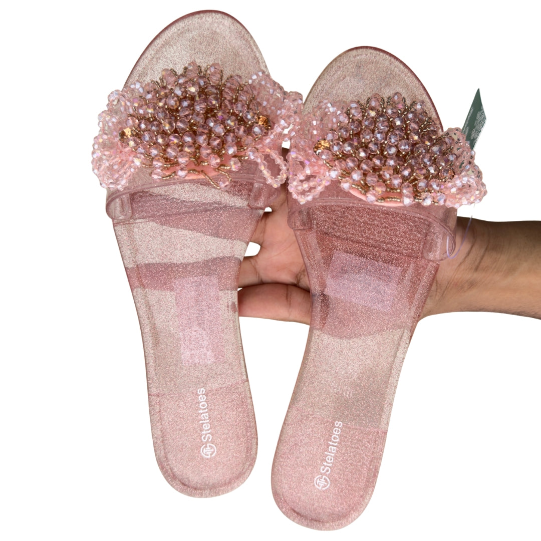 Blush Pink Beaded Embellished Slip-On Sandals