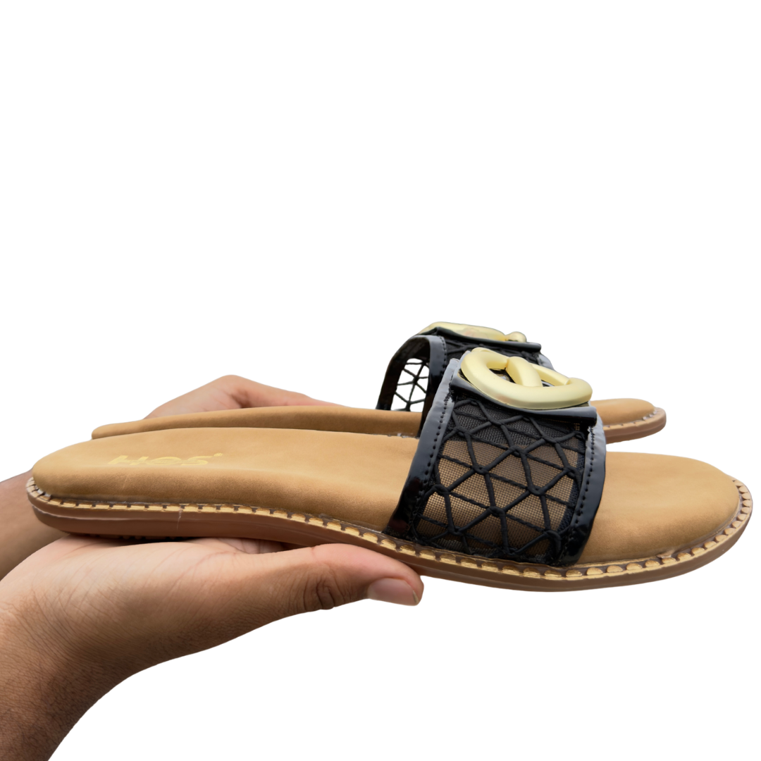 Women’s Black Patent Strap Flat Sandals with Statement Buckle