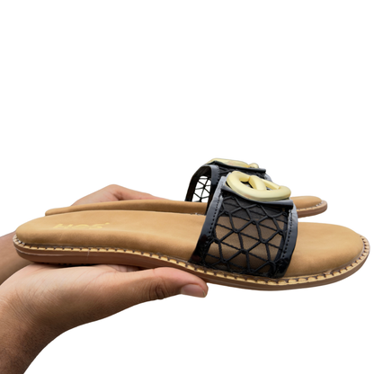 Women’s Black Patent Strap Flat Sandals with Statement Buckle