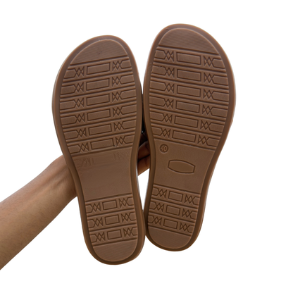 Women’s Black Patent Strap Flat Sandals with Statement Buckle