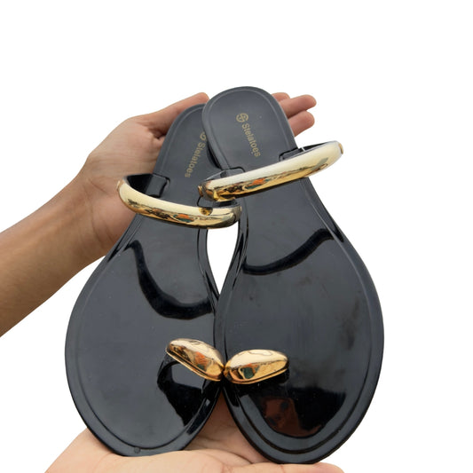 Women’s Black Glossy Bow-Detail Flat Sandals