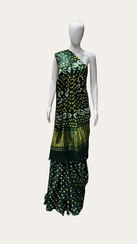 Bottle Green Pure Gaji Silk Hand Bandhani Saree with Original Lagadi Patta