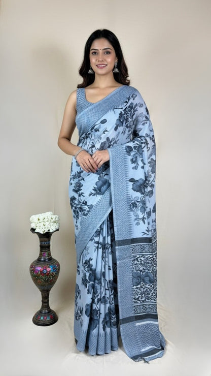 Elegant grey Georgette Saree with Abstract Floral Print & Matching Blouse Piece – Lightweight Daily & Party Wear Saree for Women