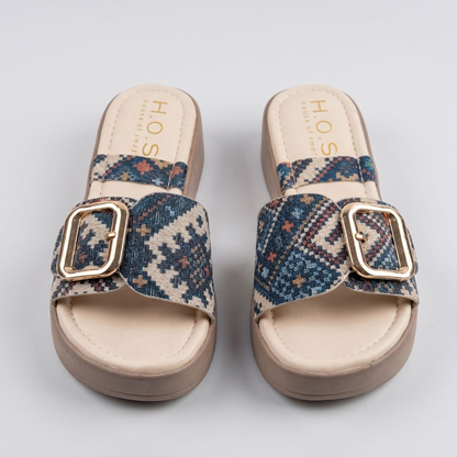 Banarashe Blue Geometric Print Buckled Slide Sandals
