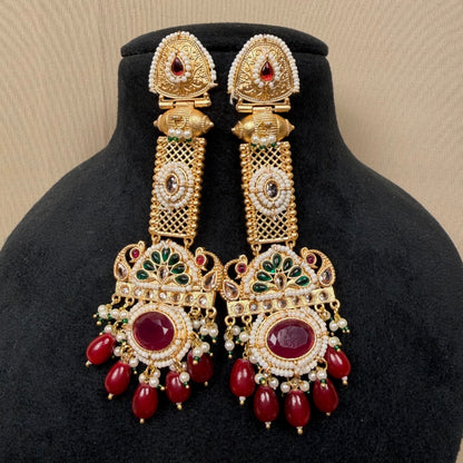 Gold Plated Peacock Jhumka Earrings – Red & Green Stones