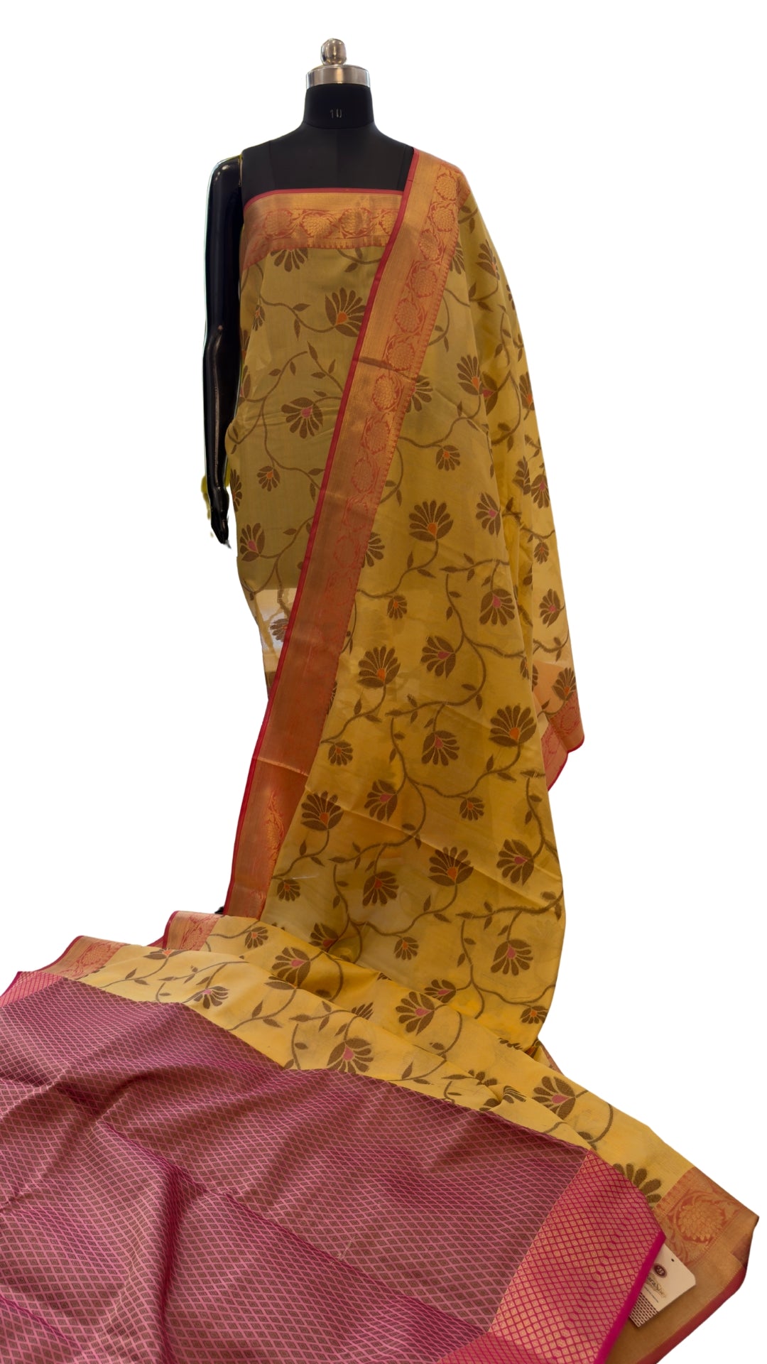 Elegant Mustard Yellow Floral Printed Silk Saree with Maroon Zari Border