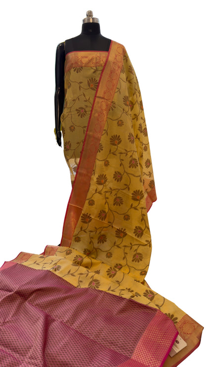 Elegant Mustard Yellow Floral Printed Silk Saree with Maroon Zari Border