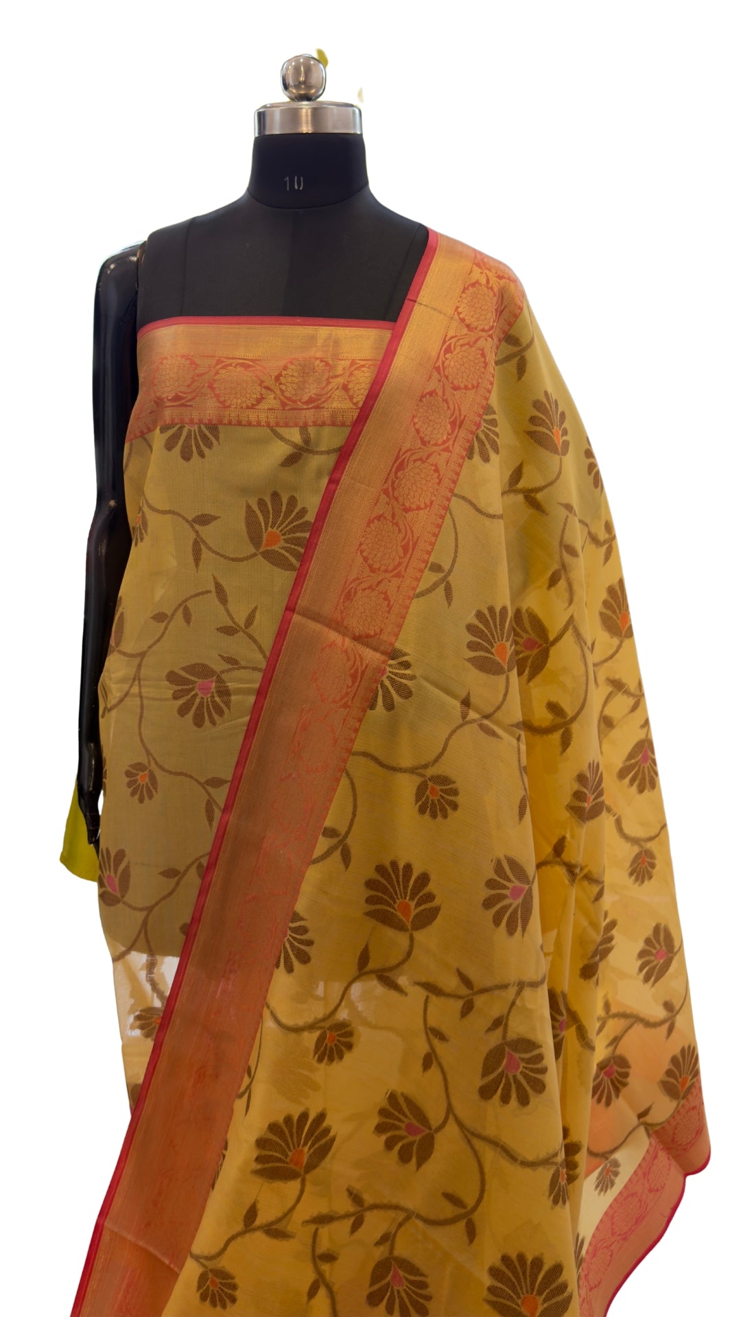 Elegant Mustard Yellow Floral Printed Silk Saree with Maroon Zari Border