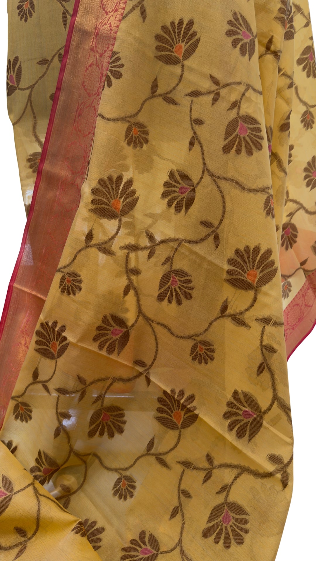 Elegant Mustard Yellow Floral Printed Silk Saree with Maroon Zari Border