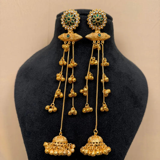 Gold Plated Jhumka Earrings with Green Stone