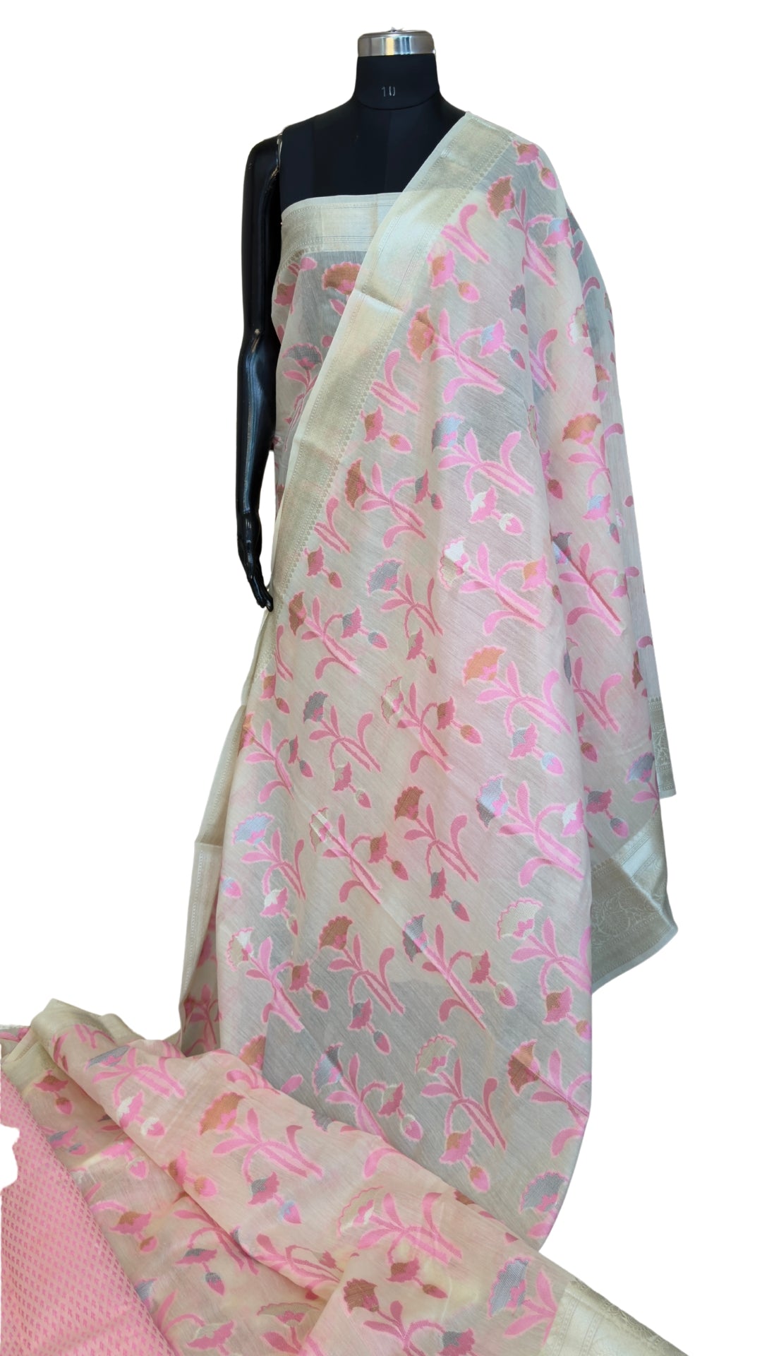 Elegant Blush Pink Silk Organza Floral Saree with Zari Border