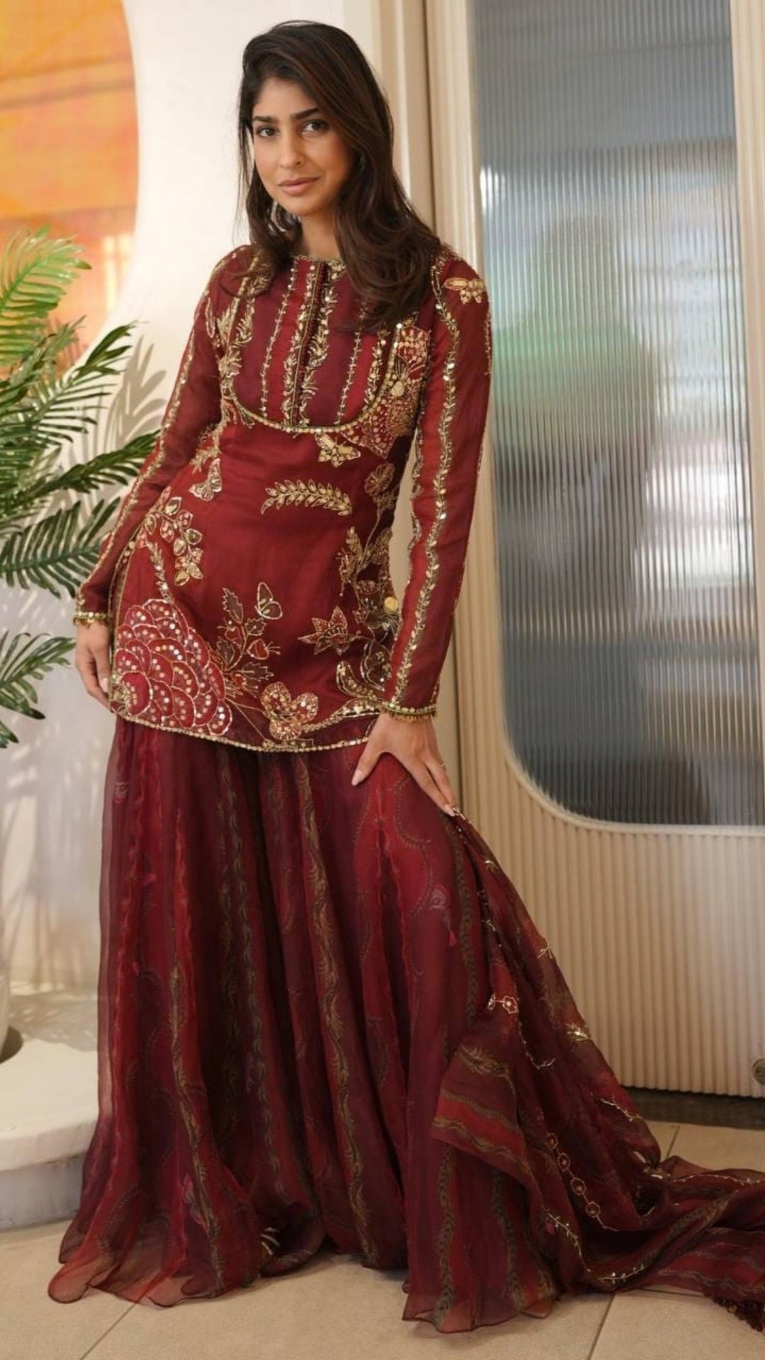 Red Organza Embroidered Short Kurti with Sharara & Dupatta – Sequence & Mirror Work 3 Piece Set
