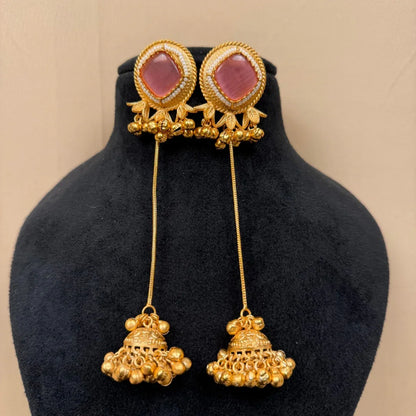 Pink Stone Jhumka Earrings,Long Chain Drop Danglers
