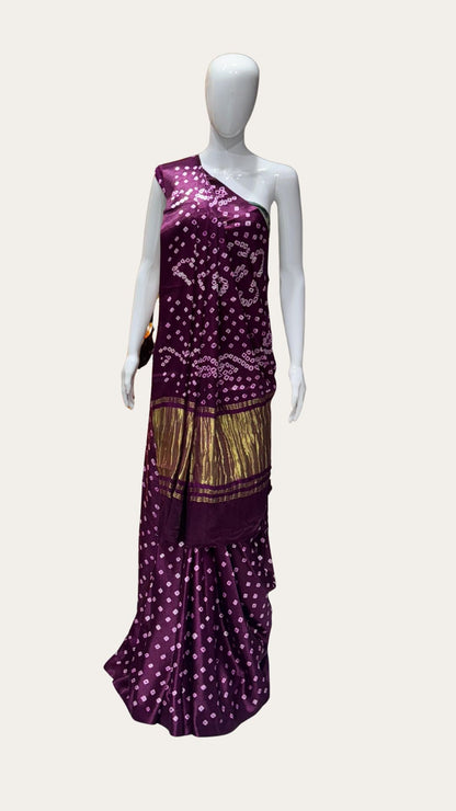 Deep Wine Pure Gaji Silk Hand Bandhani Saree with Original Lagadi Patta