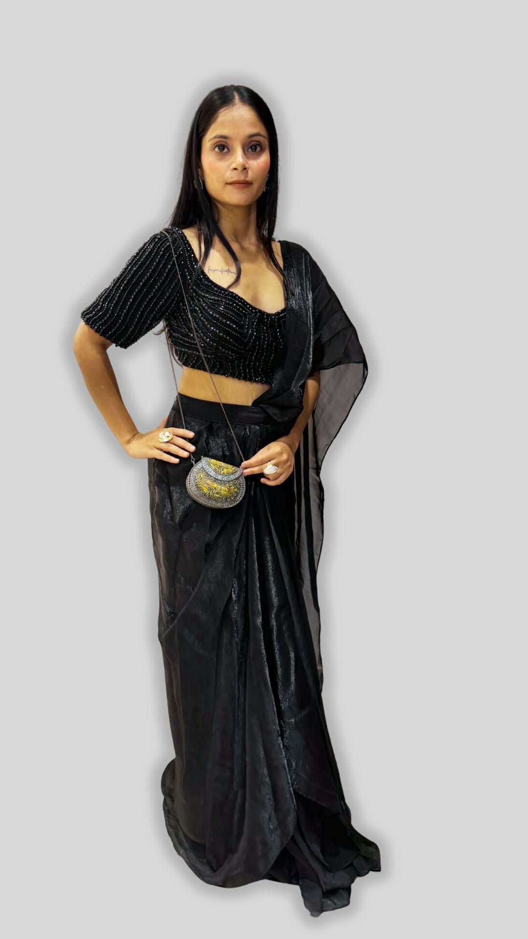 Black Designer Draped Saree with Embellished Blouse