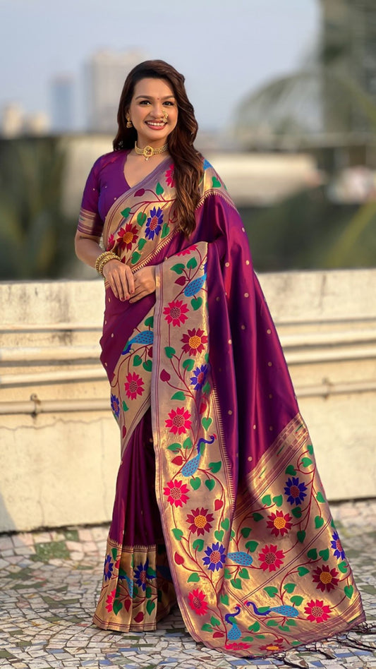 Peacock Paithani Silk Saree with Meenakari Pallu & Gold Zari Border