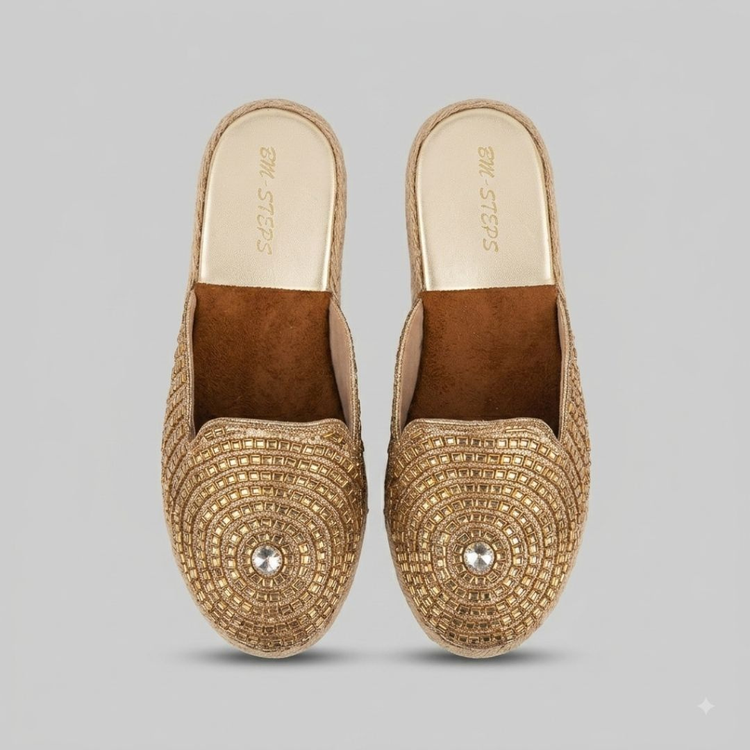 Banarashe Gold Embellished Slip-On Mules