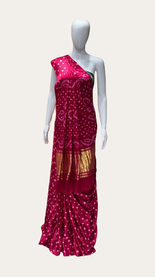 Rani Pink Pure Gaji Silk Hand Bandhani Saree with Original Lagadi Patta