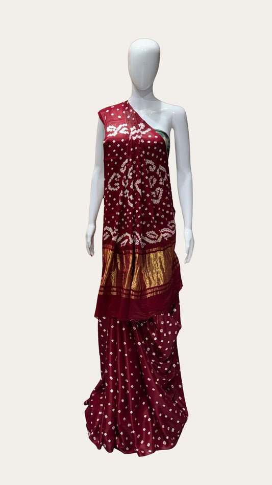 Maroon Pure Gaji Silk Hand Bandhani Saree with Original Lagadi Patta