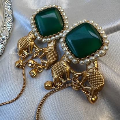 Kashmiri Brass Ghungroo Long Earring Green