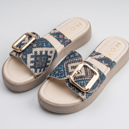 Banarashe Blue Geometric Print Buckled Slide Sandals