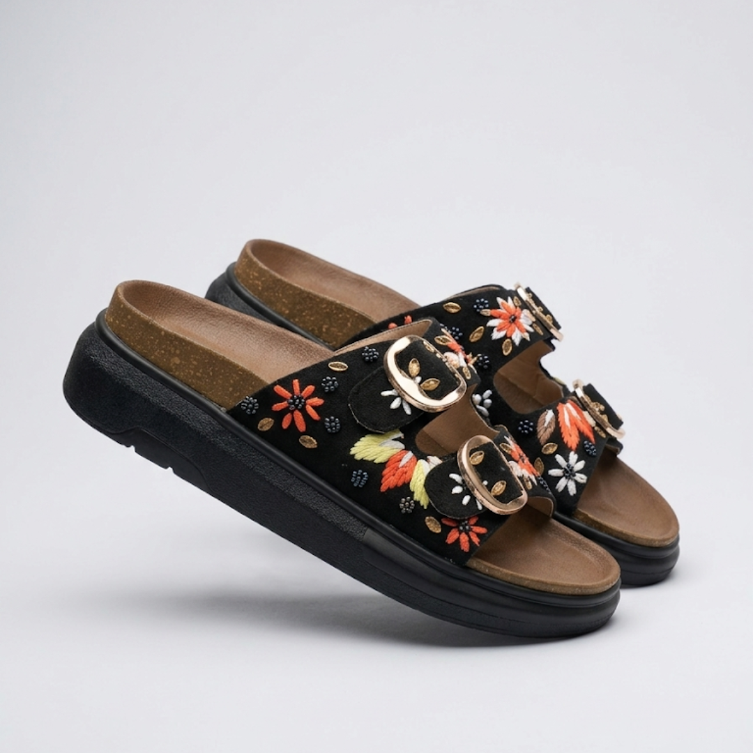 Banarashe Black Floral Embroidered Buckled Comfort Slides