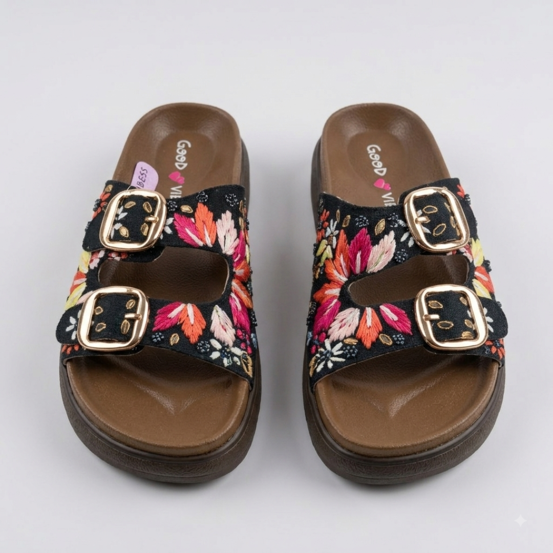 Banarashe Black Floral Embroidered Buckled Comfort Slides