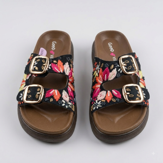 Banarashe Black Floral Embroidered Buckled Comfort Slides