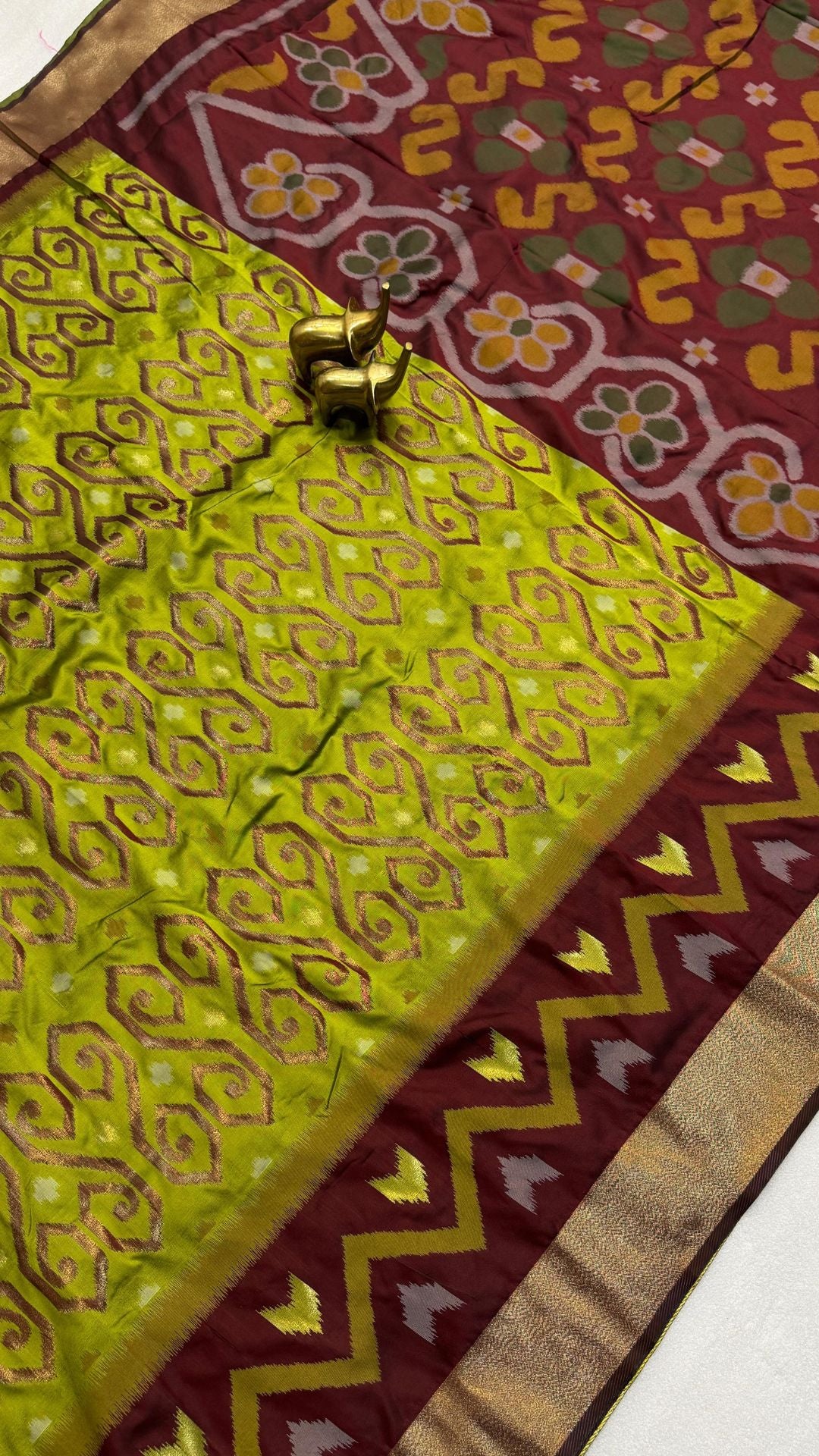 Mustard Soft Silk Patola Weaving Saree with Rich Zari Pallu & Contrast Blouse