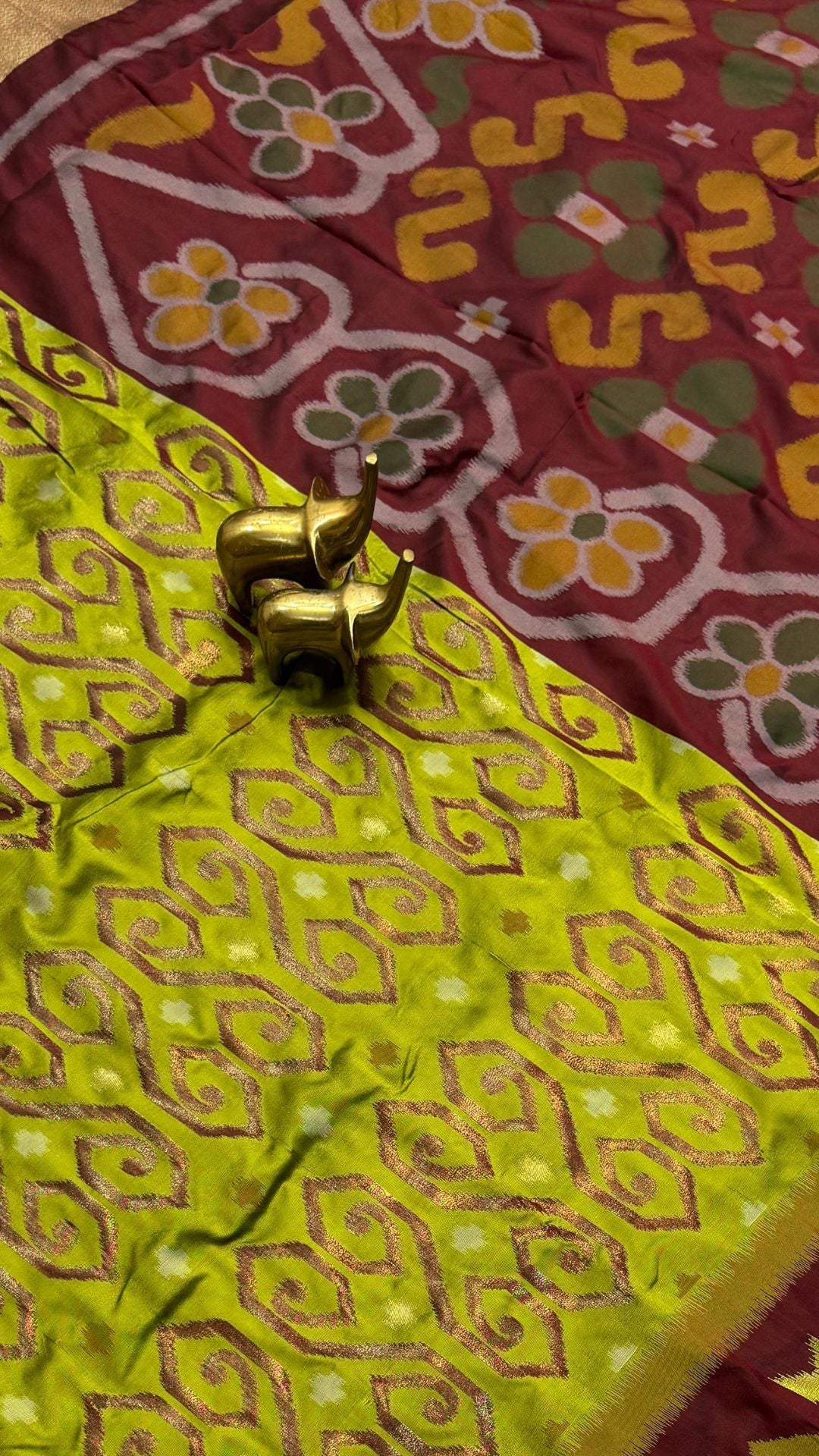 Mustard Soft Silk Patola Weaving Saree with Rich Zari Pallu & Contrast Blouse
