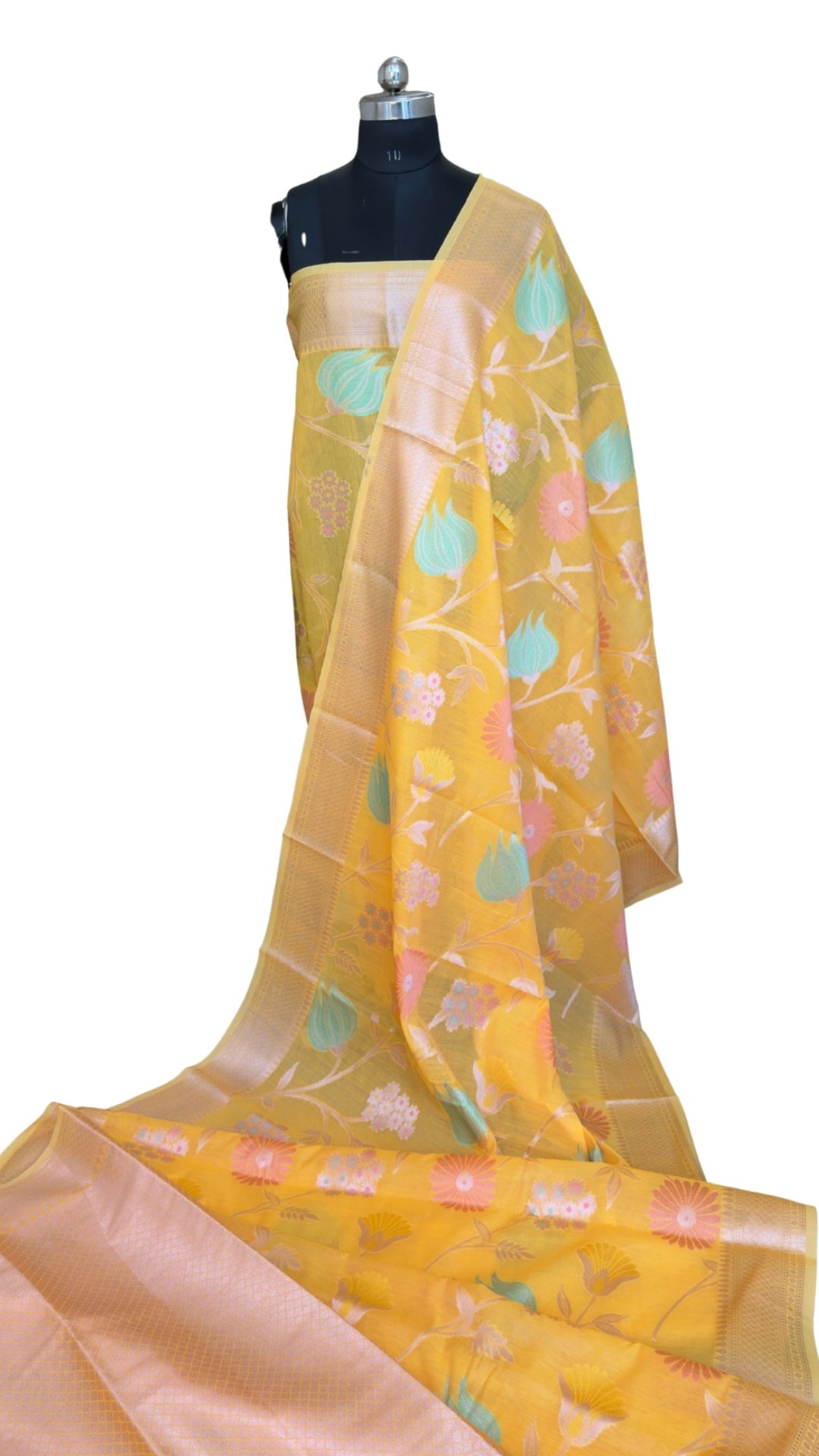 Elegant Mustard Yellow Floral Printed Silk Organza Saree with Zari Border