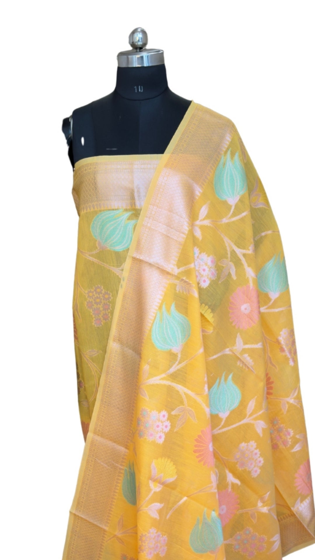 Elegant Mustard Yellow Floral Printed Silk Organza Saree with Zari Border