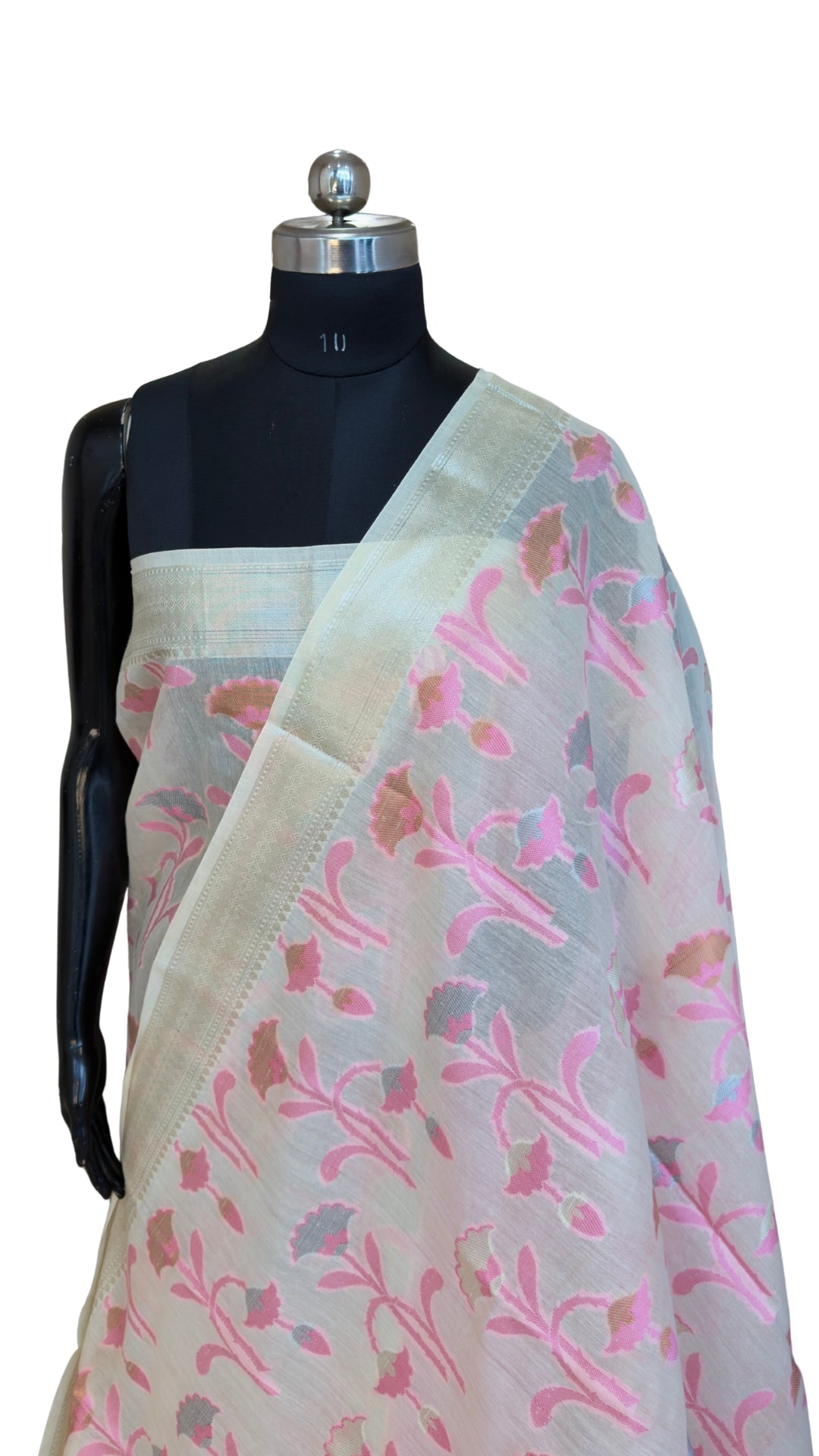 Elegant Blush Pink Silk Organza Floral Saree with Zari Border