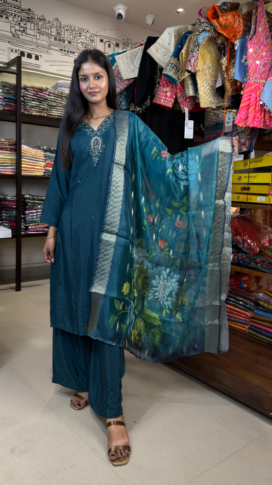 Banarashe Women’s Deep Teal Embroidered Suit Set with Floral Organza Dupatta