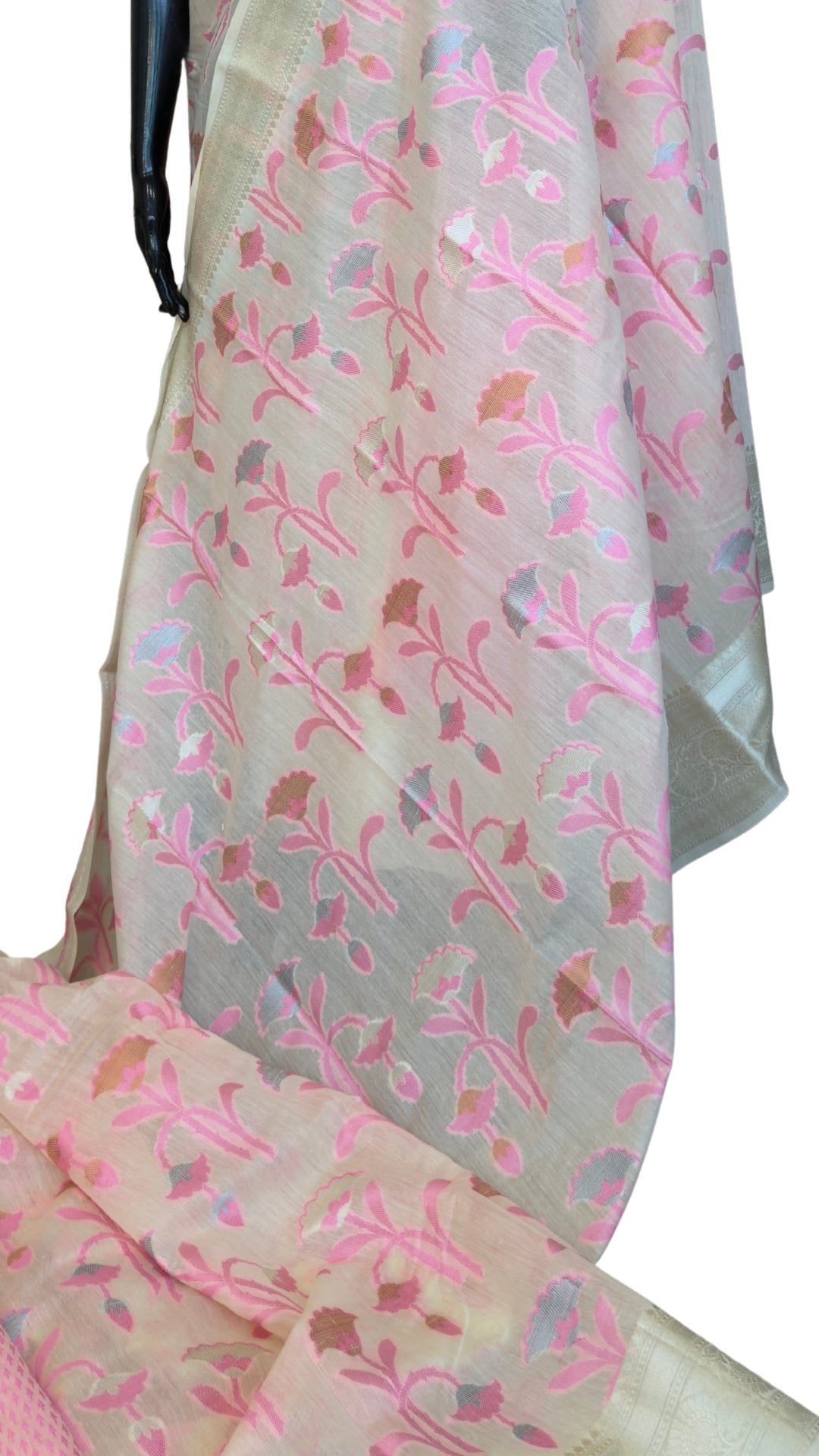Elegant Blush Pink Silk Organza Floral Saree with Zari Border