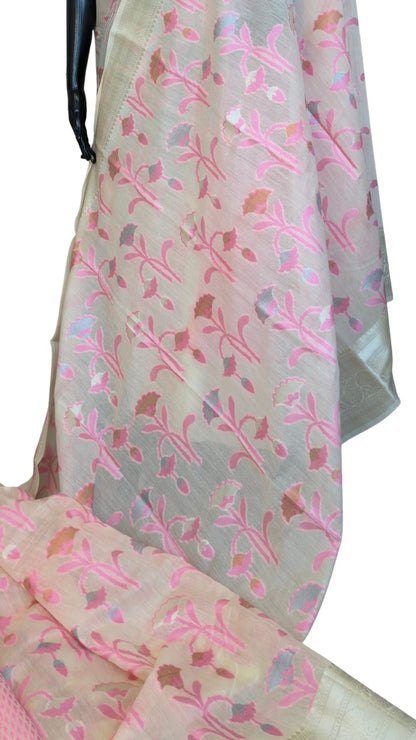 Elegant Blush Pink Silk Organza Floral Saree with Zari Border